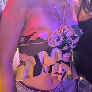 AFRM Green and Cream Strapless Floral Ruffle Camisole